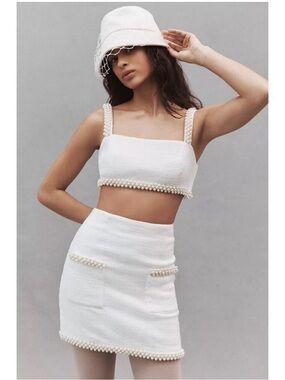 White Pearl-Trim Top and Mini Skirt Set
